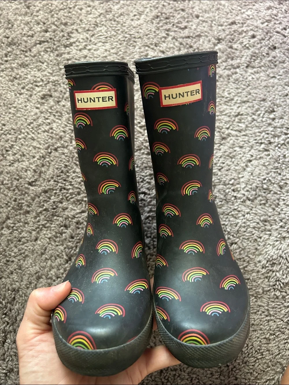 Hunter Black Rain Boots with Rainbow Motif